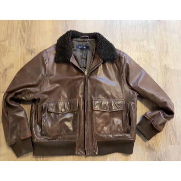 Vtg STRUCTURE Leather Bomber Aviator Jacket Coat XL Brown Pilot Cafe Moto - Picture 1 of 8